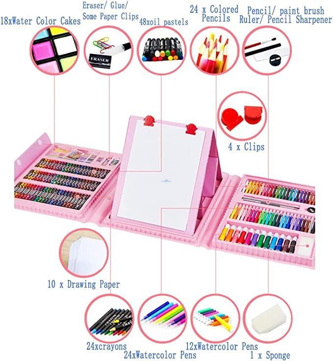 Kid's Art & Drawing kit, 208 PCS Pink Painting Set for Children, Double Sided Trifold Easel Art Supplies Best Gift for Girls and Boys