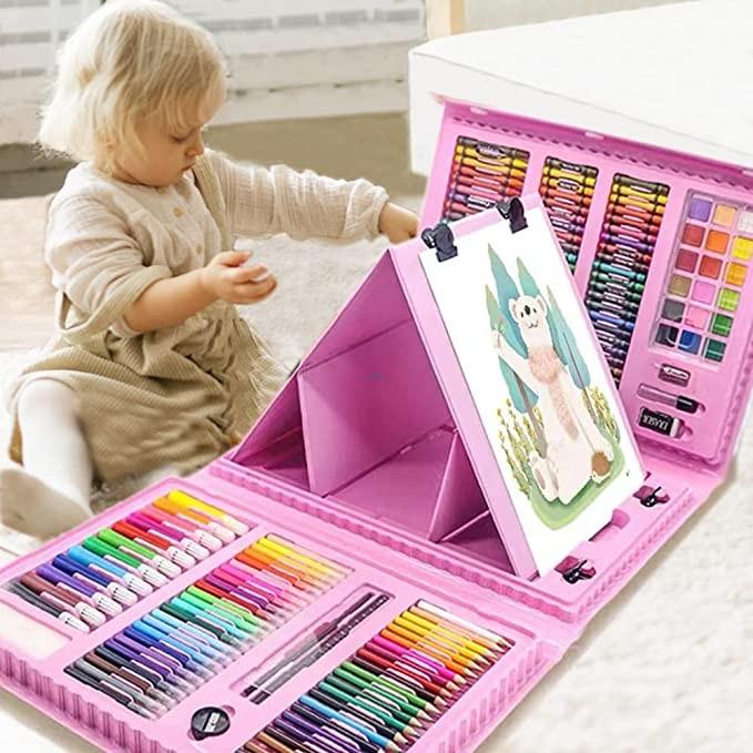 Kid's Art & Drawing kit, 208 PCS Pink Painting Set for Children, Double  Sided Trifold Easel