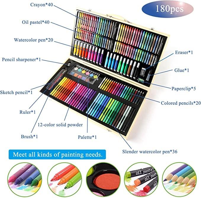 Norberg & Linden Art Supplies XXL144 Art Set in Deluxe Wooden Box with  Drawer Includes Crayons Oil Pastels Watercolor Paints Colored Pencils  Sharpener Sketch Pad for Adults and Kids