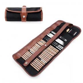 Portable Roll-Up Sketch Set: 24 Eco-Friendly Pencils (8B-HB) + Charcoal & Tools in Washable Canvas Bag | Artist & Beginner Kit  