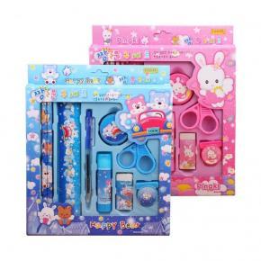 Wholesale 9Pcs Cute Cartoon Stationary Set Kids Gift Set With Ruler Pencils Eraser Pencil Sharpener Ballpoint Glue Stick