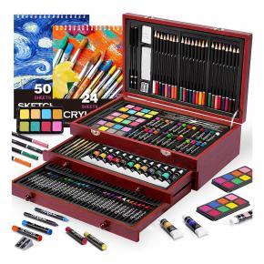 175-Piece Professional Art Studio Kit with Wooden Case | ASTM Certified Acrylic Paints & 60 Crayons | Multi-Generational Art Supplies