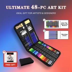 Professional 48-Piece Dual-Tip Art Kit | 24 Watercolor Markers + 12 Graphite Pencils | Shockproof Tools for Illustrators & Designers