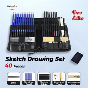 40pc Eco Sketch Set: 8B-5H Pencils + Water-Soluble Colors in Military-Grade Nylon Case | Artist & Student Kit  