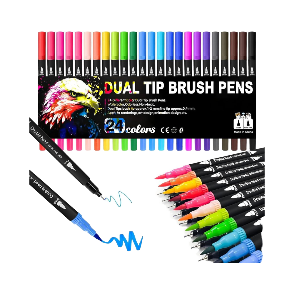 24pcs Dual Tip Marker Pens for Adults' Art Colouring Books Calligraphy Painting Sketching Fine Felt Brush Drawing Paper 0.5mm