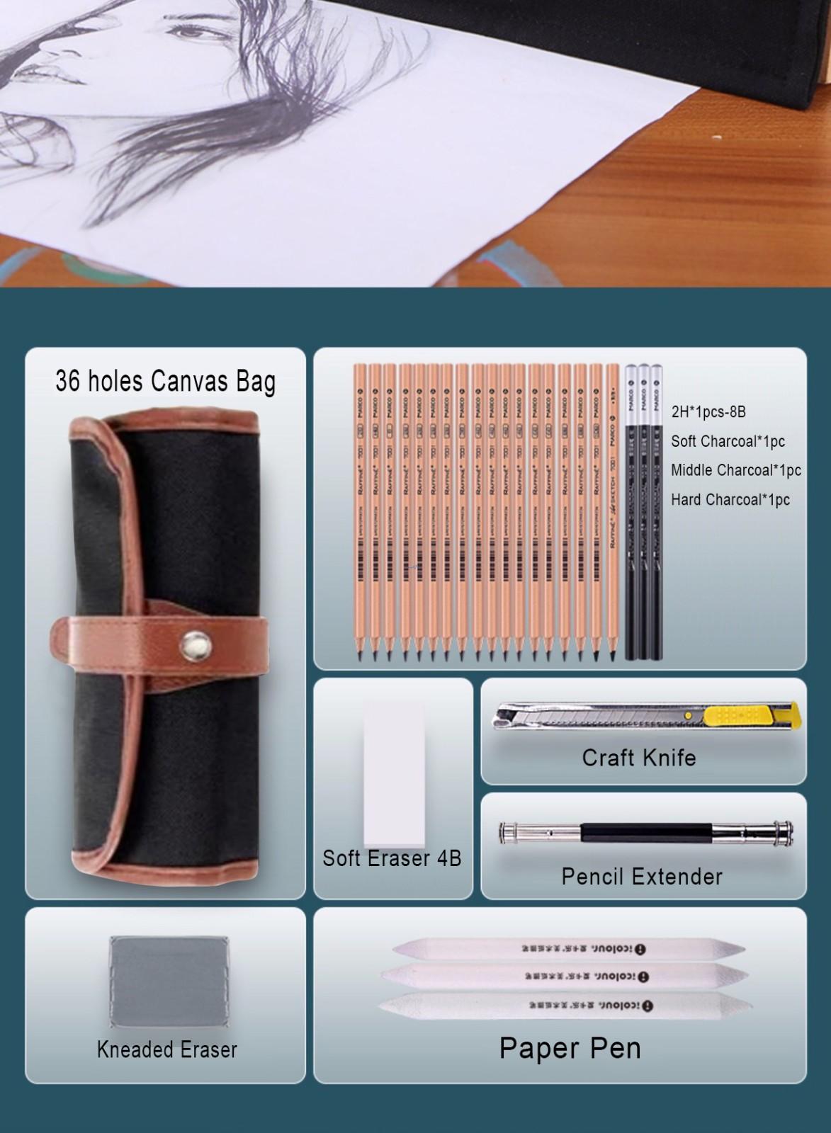 Professional Roll-Up Sketching Kit with Canvas Pencil Roll and Eco Tools
