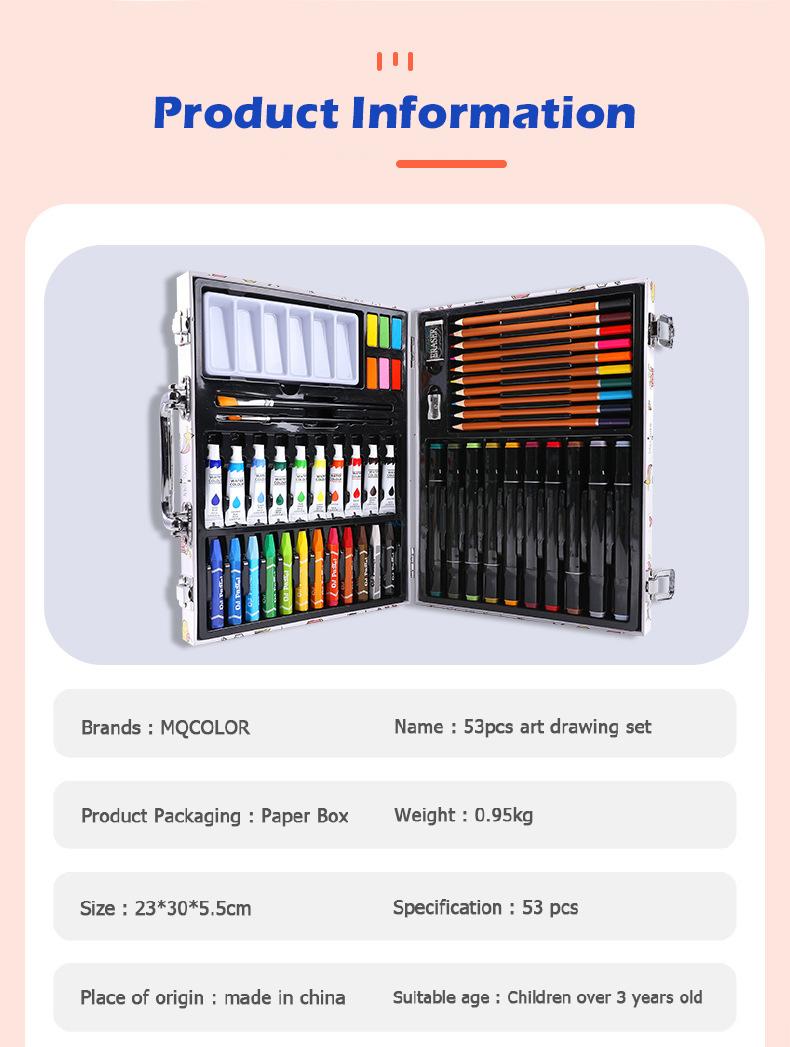 Detailed accessory list including 12 oil pastels, 10 acrylic paints, and 10 colored pencils