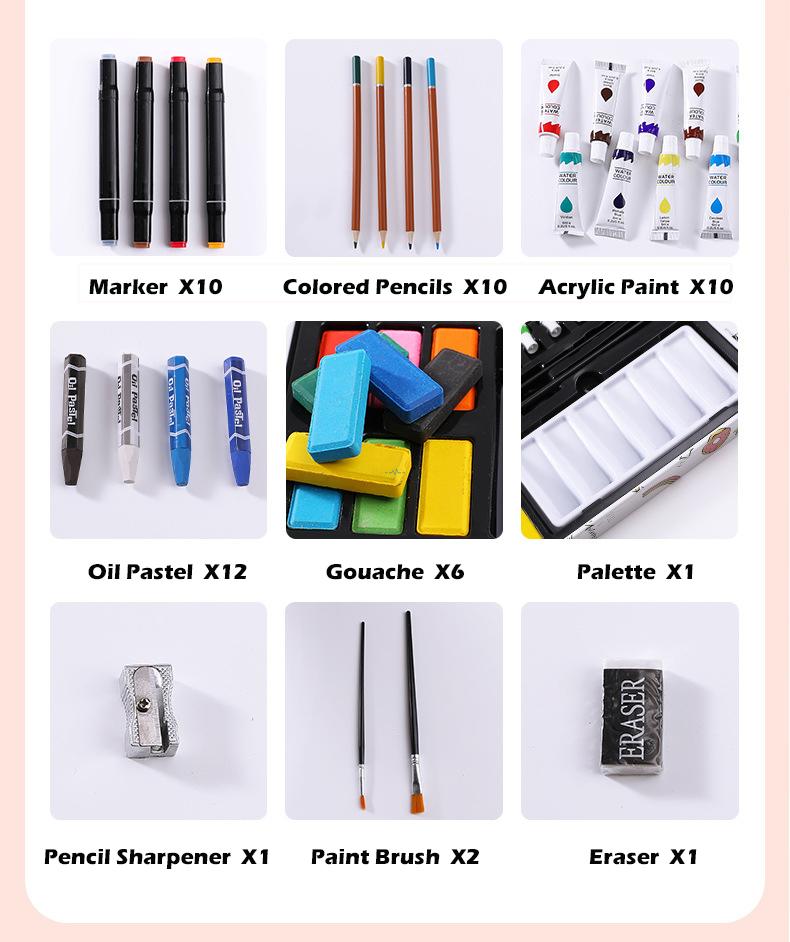 Detailed accessory list including 12 oil pastels, 10 acrylic paints, and 10 colored pencils