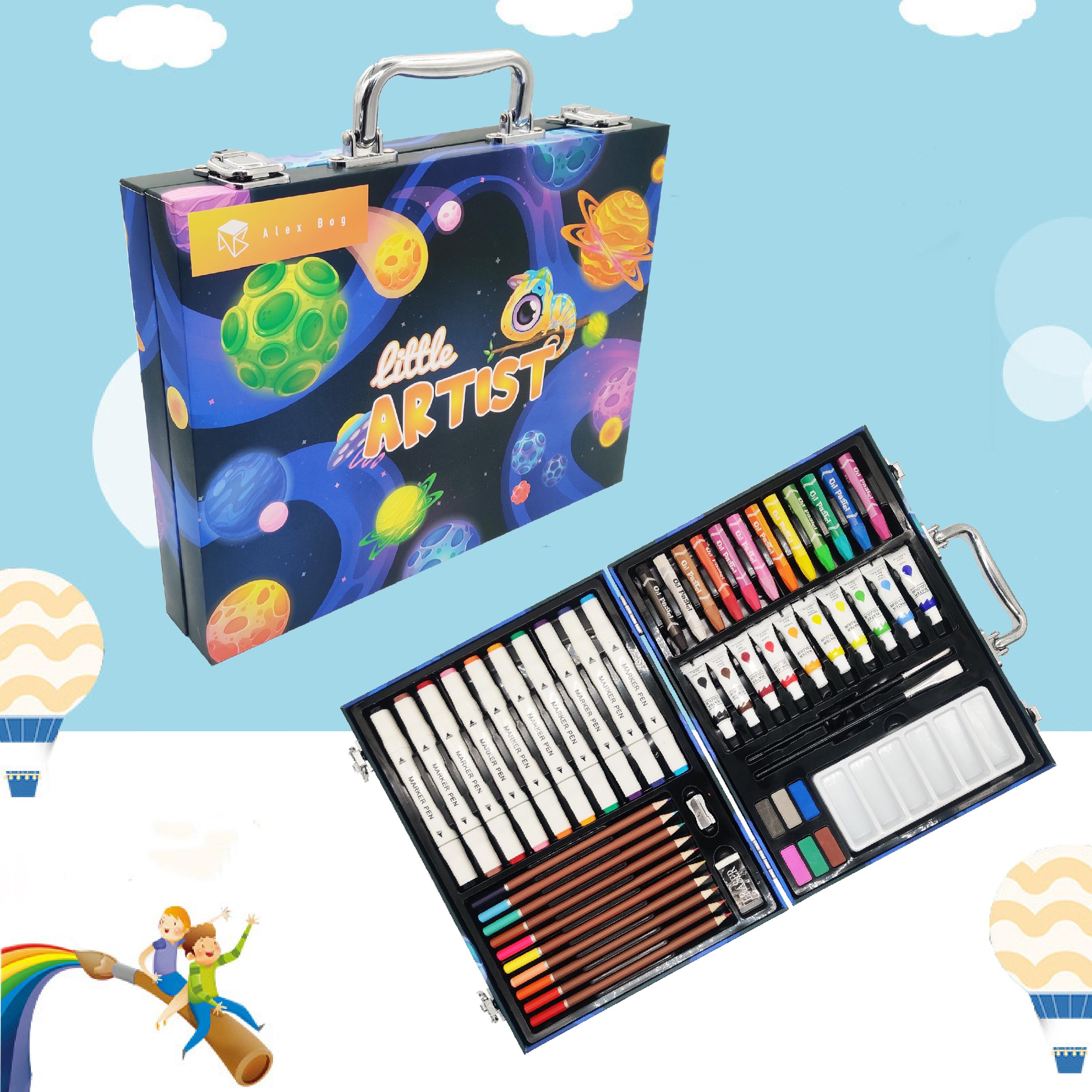 53-piece wooden art set showing portable design and art supplies inside