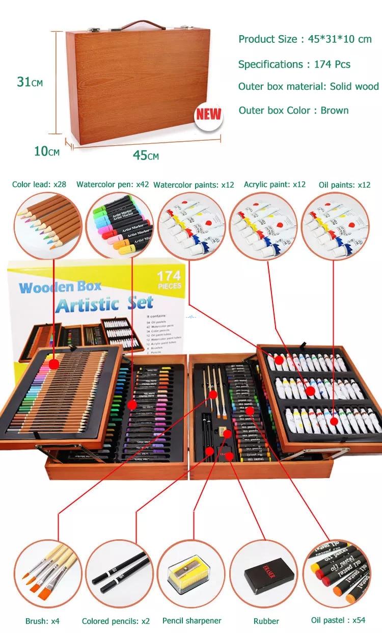 Open view showing two layers of organized art supplies