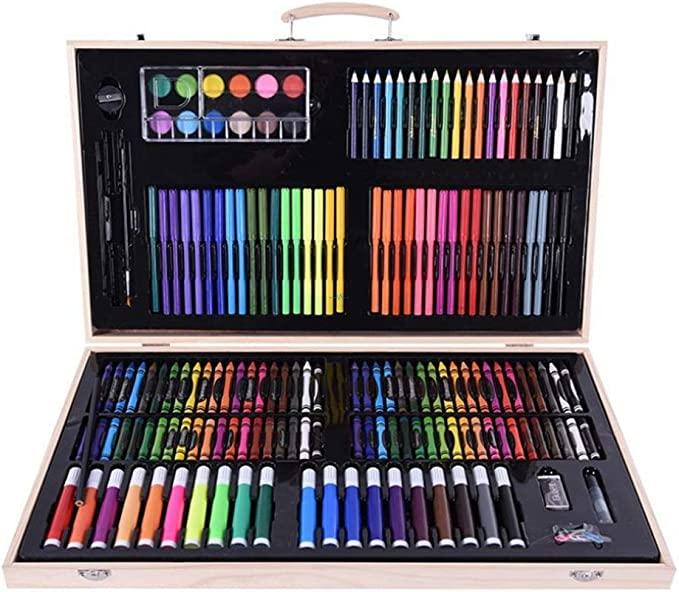 Open wooden box showing all 180 art supplies