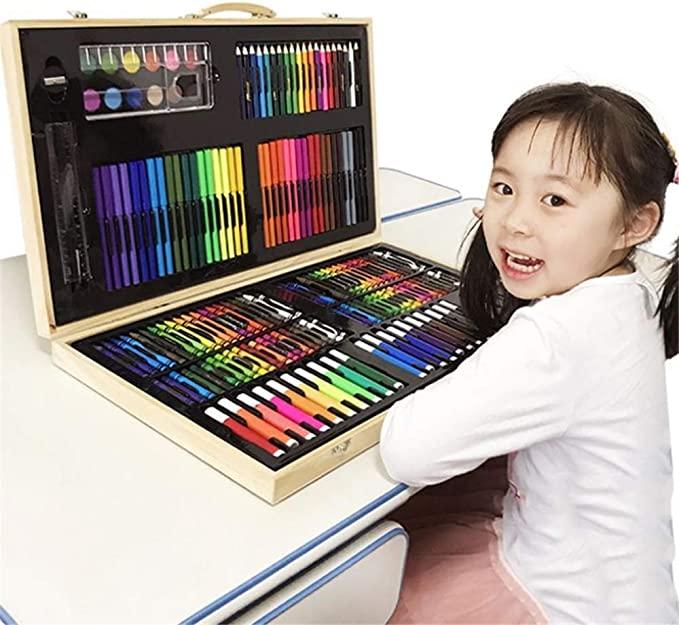 Open wooden box showing all 180 art supplies