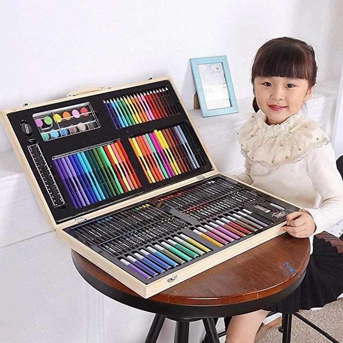 Open wooden box showing all 180 art supplies