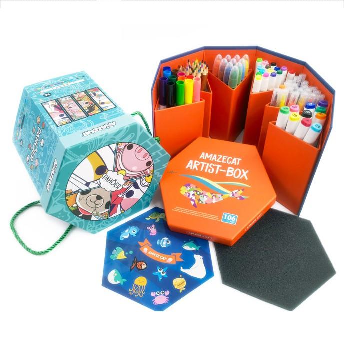 106-piece deluxe art set open view showing BINGO dabbers, oil sticks and markers in 3D case