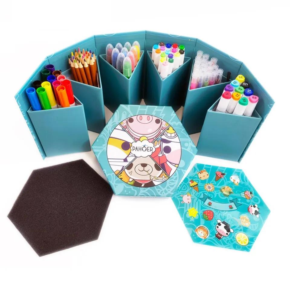 106-piece deluxe art set open view showing BINGO dabbers, oil sticks and markers in 3D case