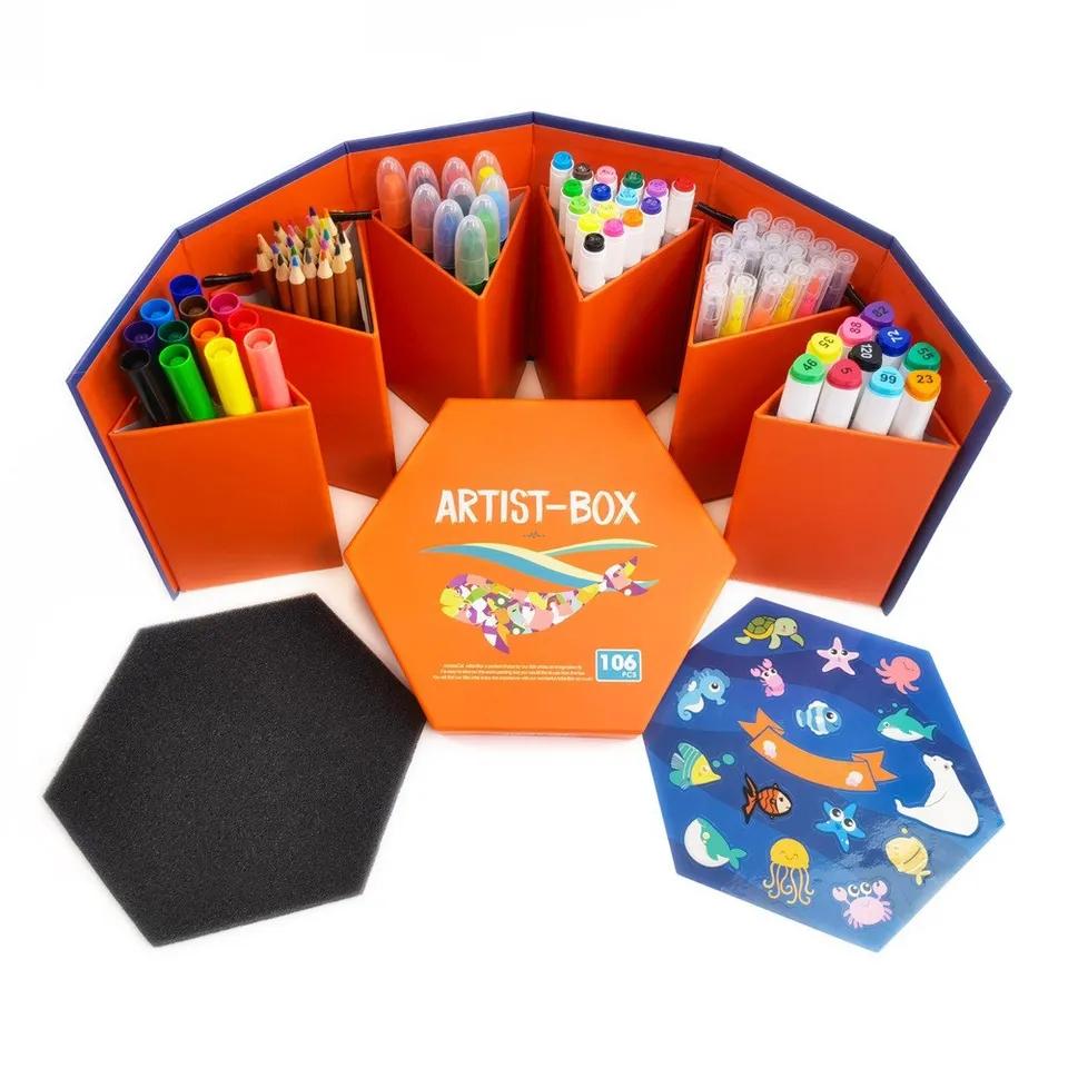 106-piece deluxe art set open view showing BINGO dabbers, oil sticks and markers in 3D case