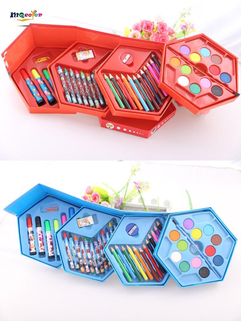 Open Frozen art set showing Elsa-themed crayons, watercolor pens and snowflake powder jars