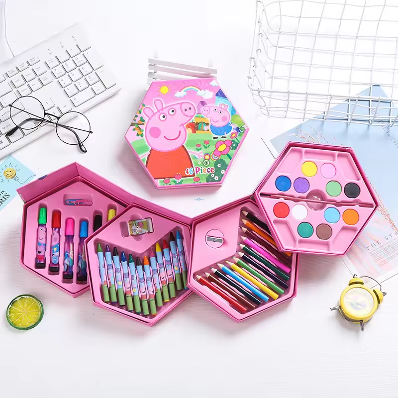Cartoon Style 46pcs Kids Art Set | Washable Watercolor Pens & Color Powder | Non-Toxic Drawing Kit with Gift Box