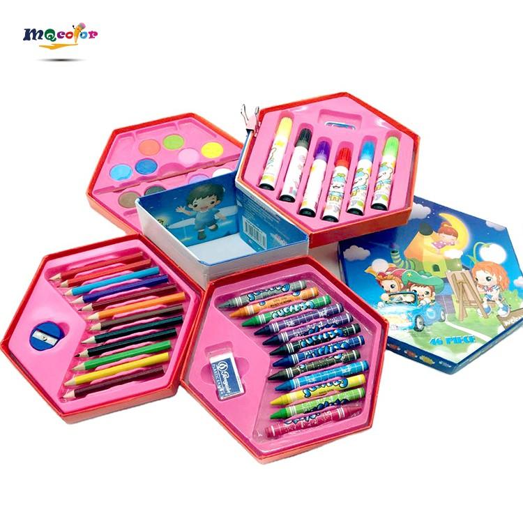 Cartoon Style 46pcs Kids Art Set | Washable Watercolor Pens & Color Powder | Non-Toxic Drawing Kit with Gift Box