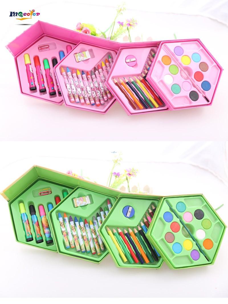 Open Frozen art set showing Elsa-themed crayons, watercolor pens and snowflake powder jars