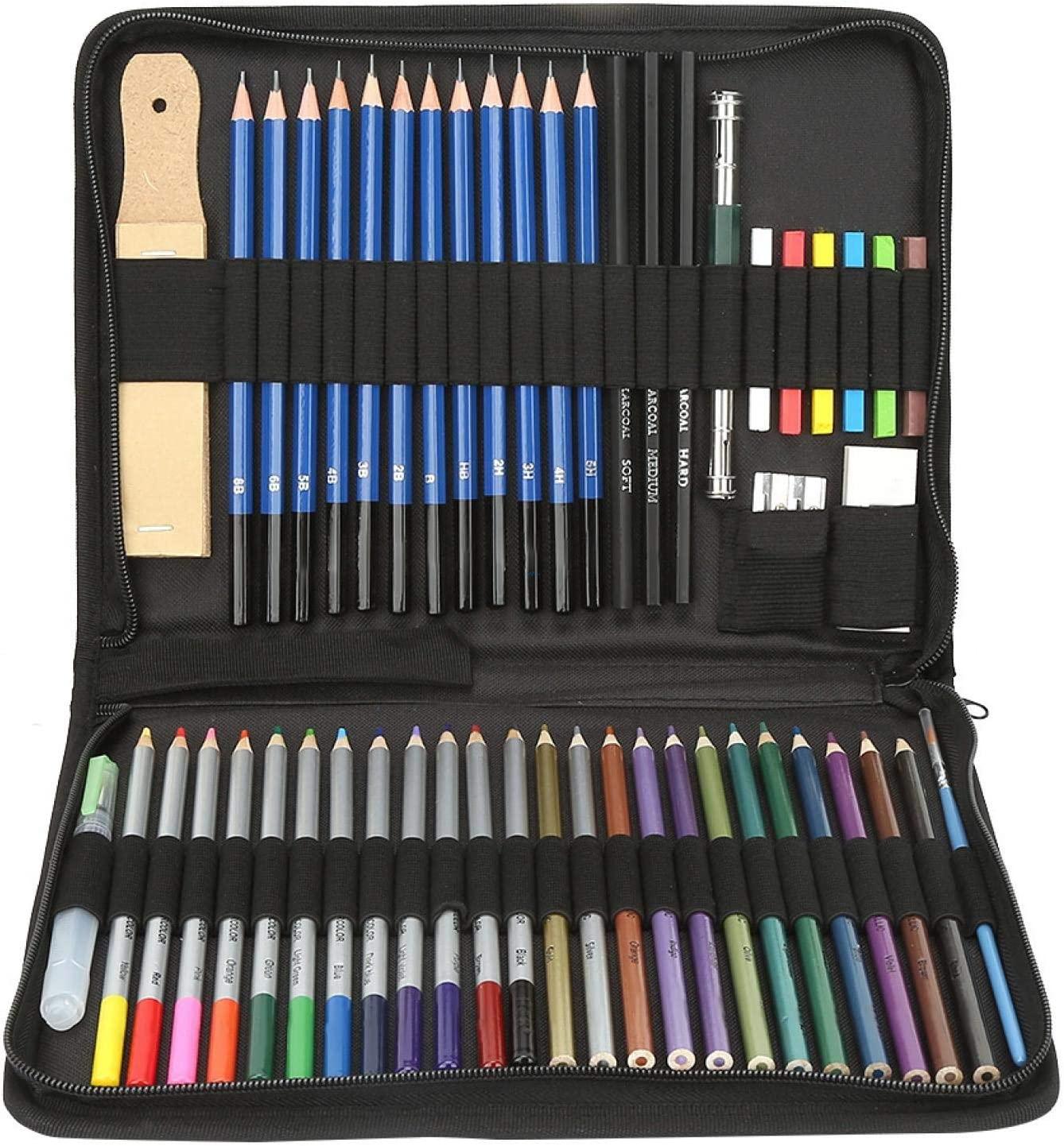 Professional 51-piece art set with metal/water-soluble cores displayed in open case  
