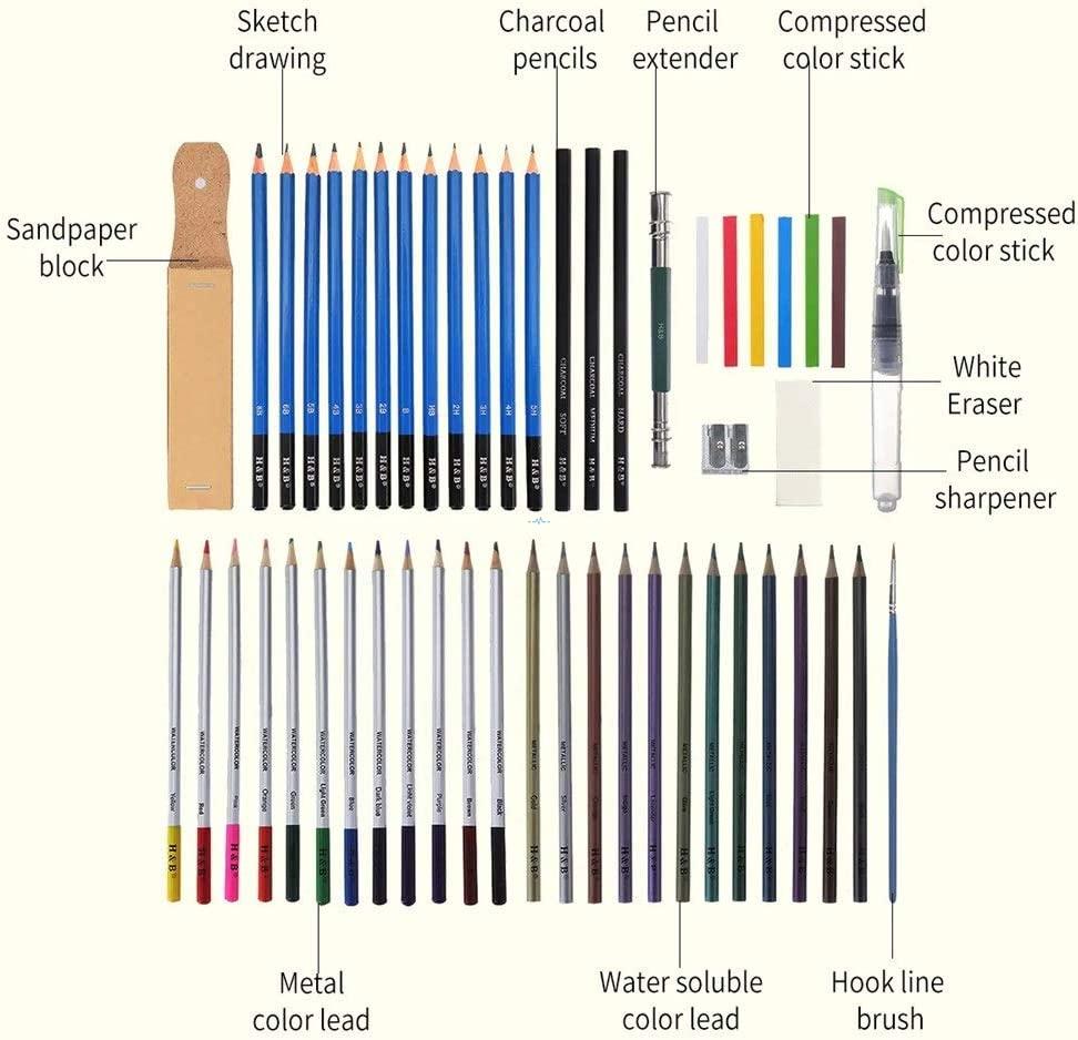 Professional 51-piece art set with metal/water-soluble cores displayed in open case  