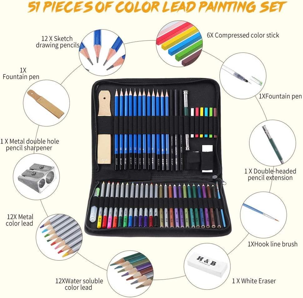 Professional 51-piece art set with metal/water-soluble cores displayed in open case  