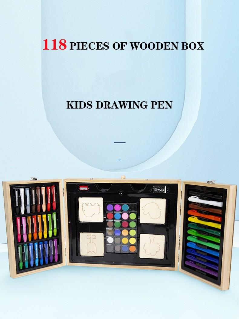 Open 3-tier art case showing acrylic paints, crayons and school tools organized by category