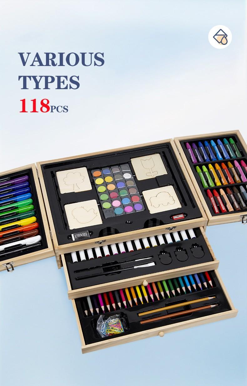Open 3-tier art case showing acrylic paints, crayons and school tools organized by category