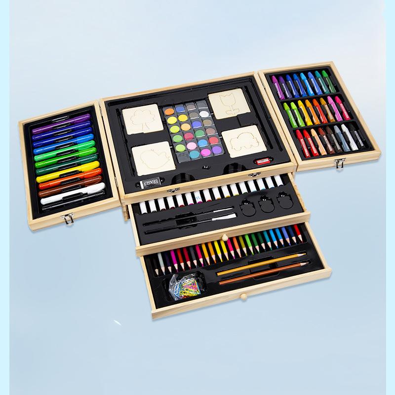 Open 3-tier art case showing acrylic paints, crayons and school tools organized by category