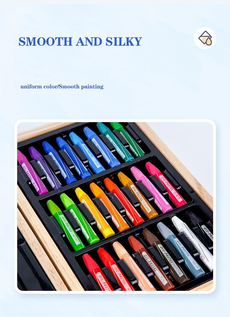 Open 3-tier art case showing acrylic paints, crayons and school tools organized by category