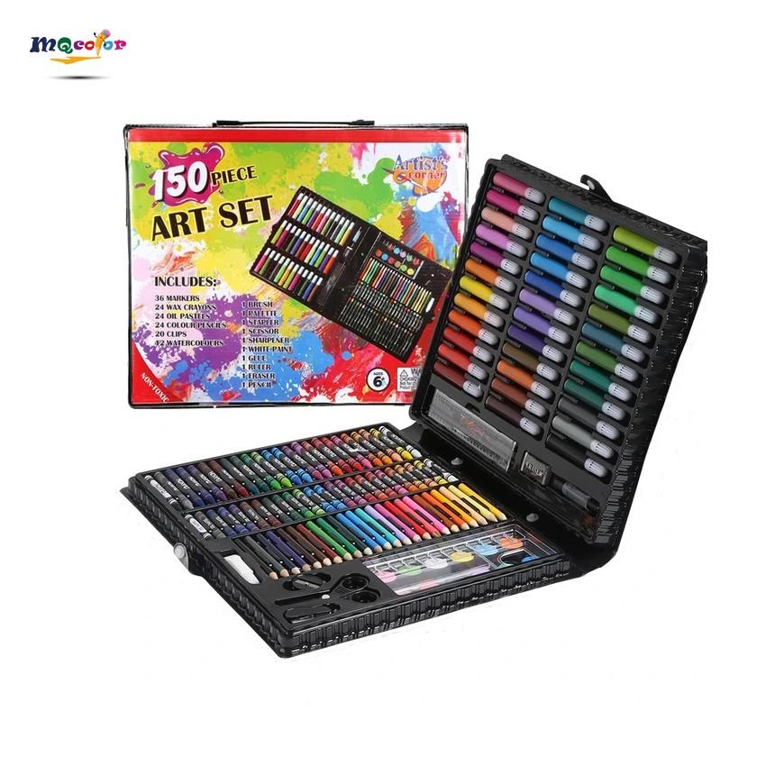 150-piece art set with watercolor pens, oil brushes, and palette in plastic case