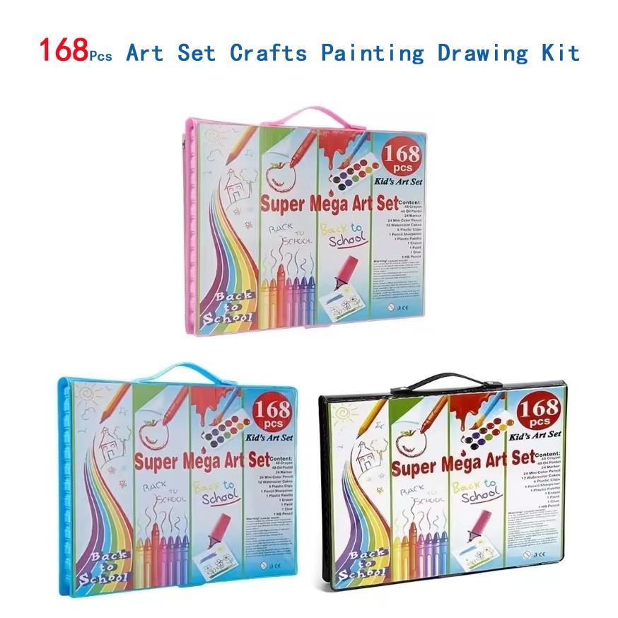 168-piece art set with oil pastels, crayons, and watercolor cakes laid out in a compact wooden case