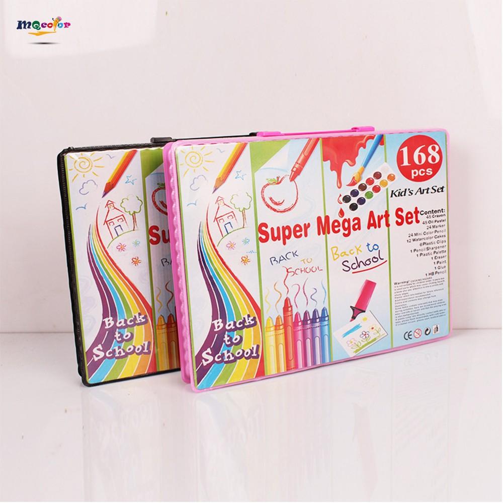 168-piece art set with oil pastels, crayons, and watercolor cakes laid out in a compact wooden case