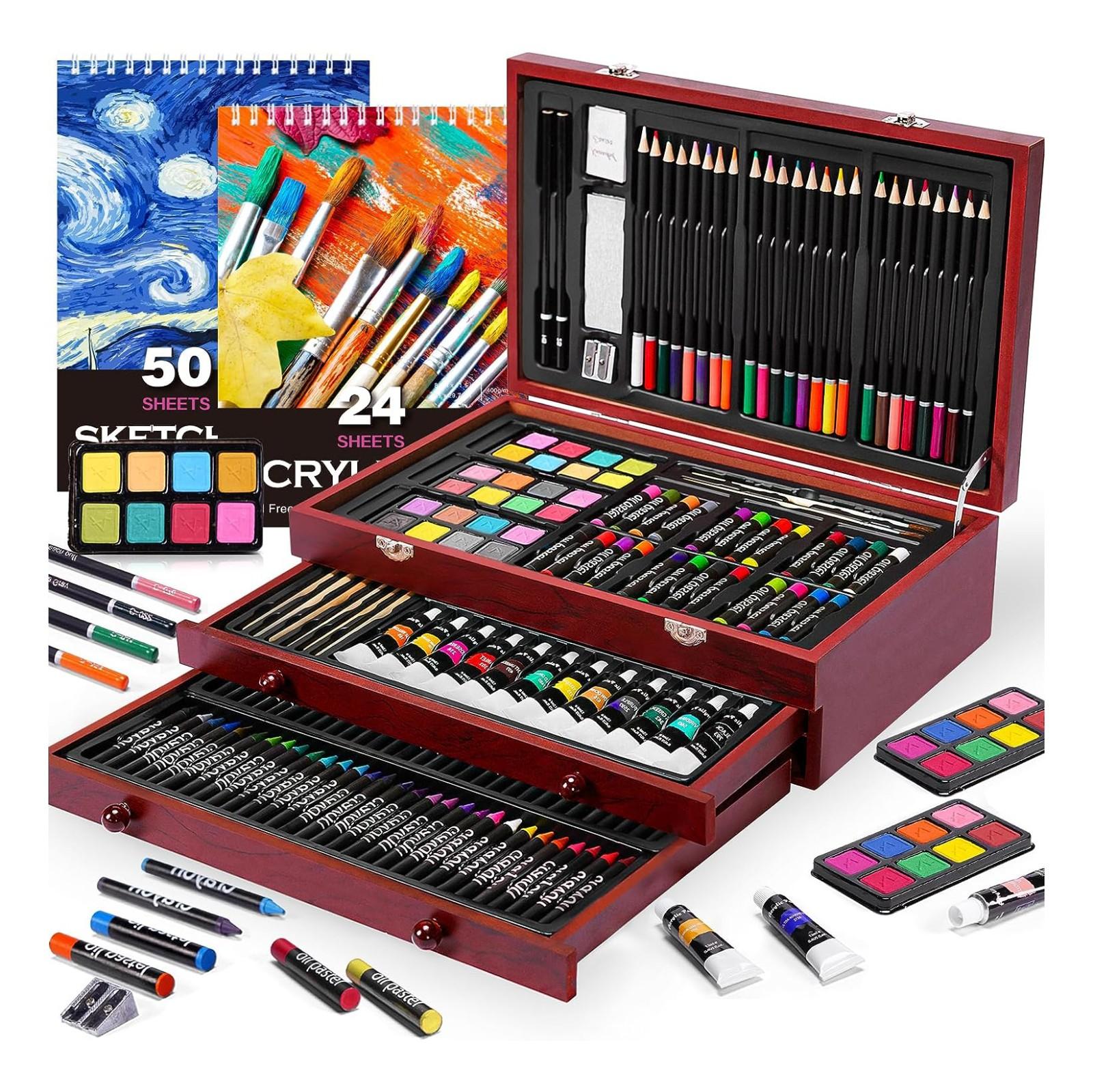 Adult artist painting with acrylics and child using crayons from same art set