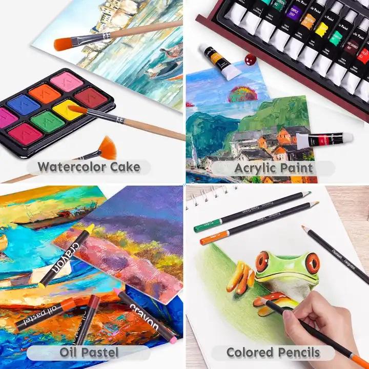 Open wooden art case with acrylic paints, brushes and sketch pads organized in compartments