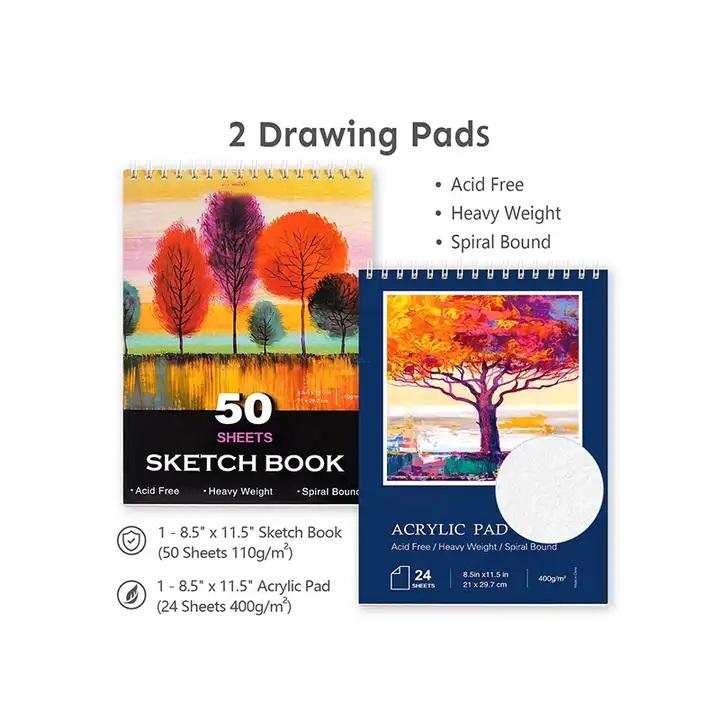 Adult artist painting with acrylics and child using crayons from same art set