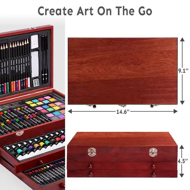 Adult artist painting with acrylics and child using crayons from same art set