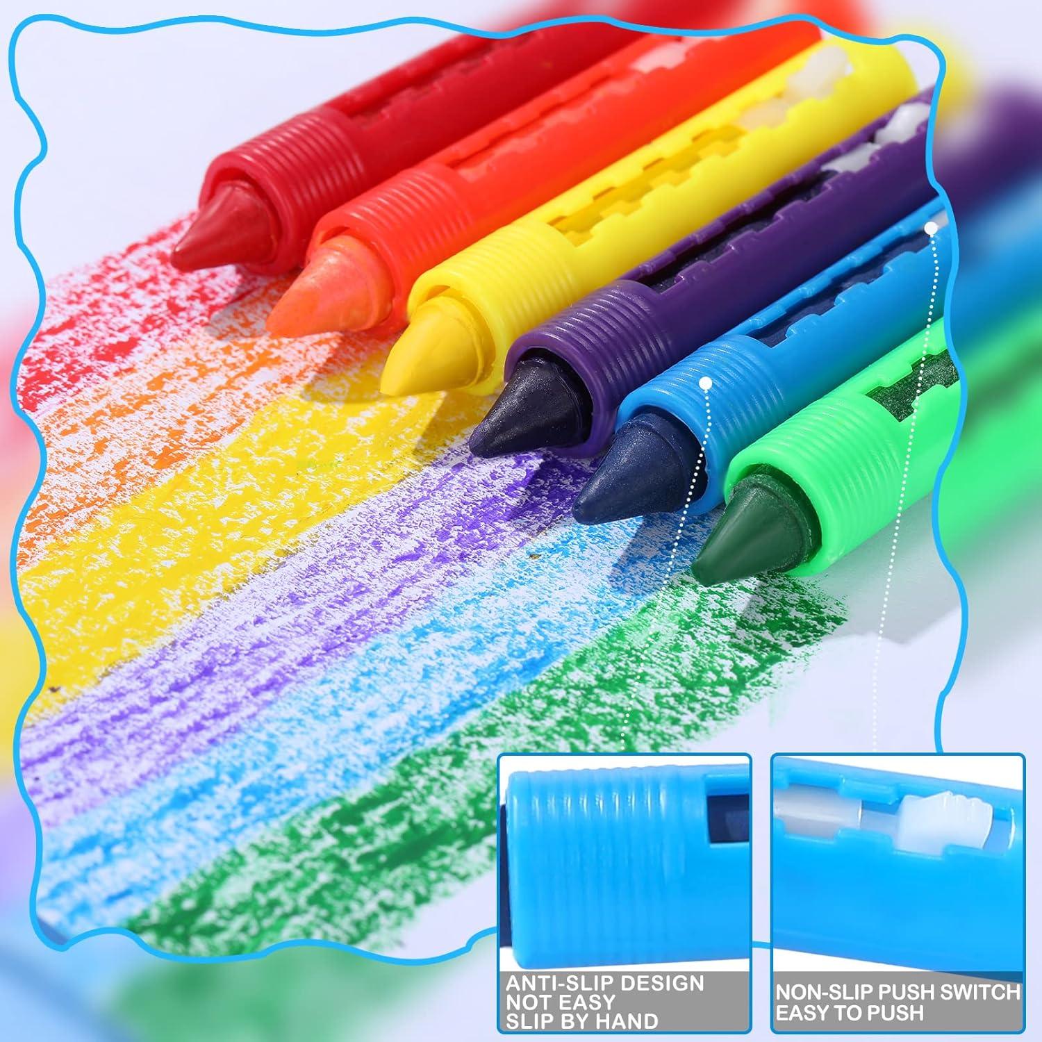 Child using push-up extendable crayons on paper, washable and non-toxic  