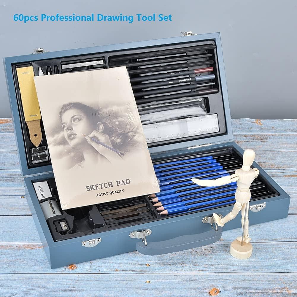 Opened sketch set showing numbered charcoal pencils, blending tools, and metal case  