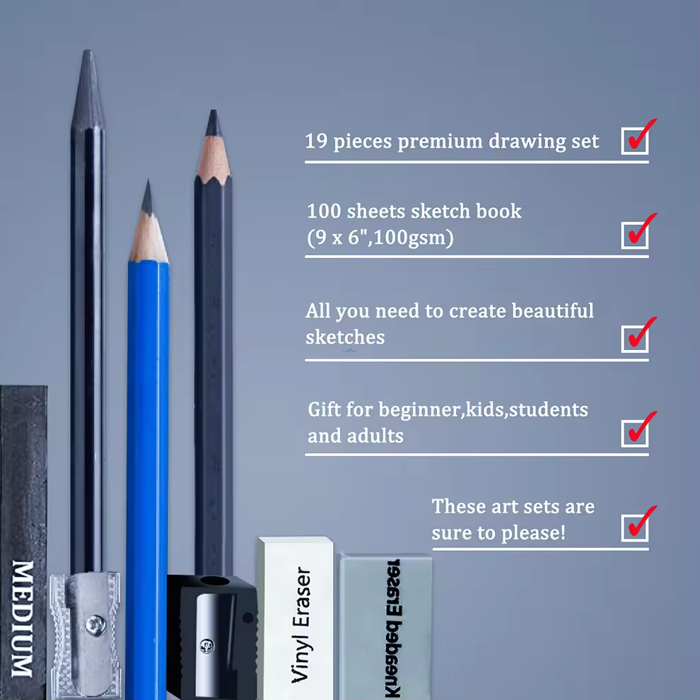 Opened sketch set showing numbered charcoal pencils, blending tools, and metal case  