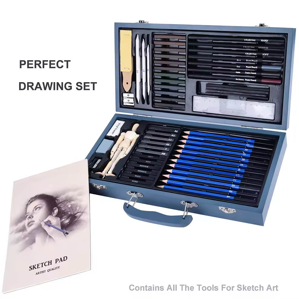 Opened sketch set showing numbered charcoal pencils, blending tools, and metal case  