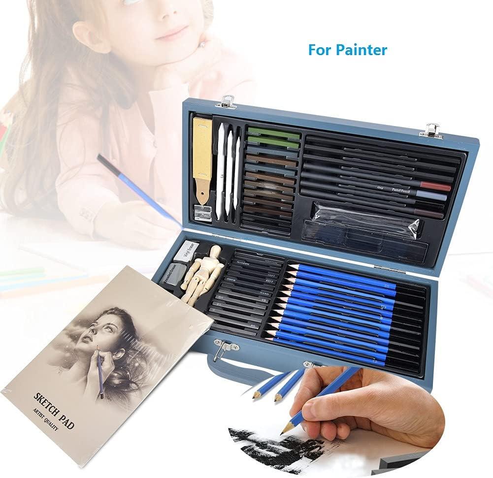 Opened sketch set showing numbered charcoal pencils, blending tools, and metal case  