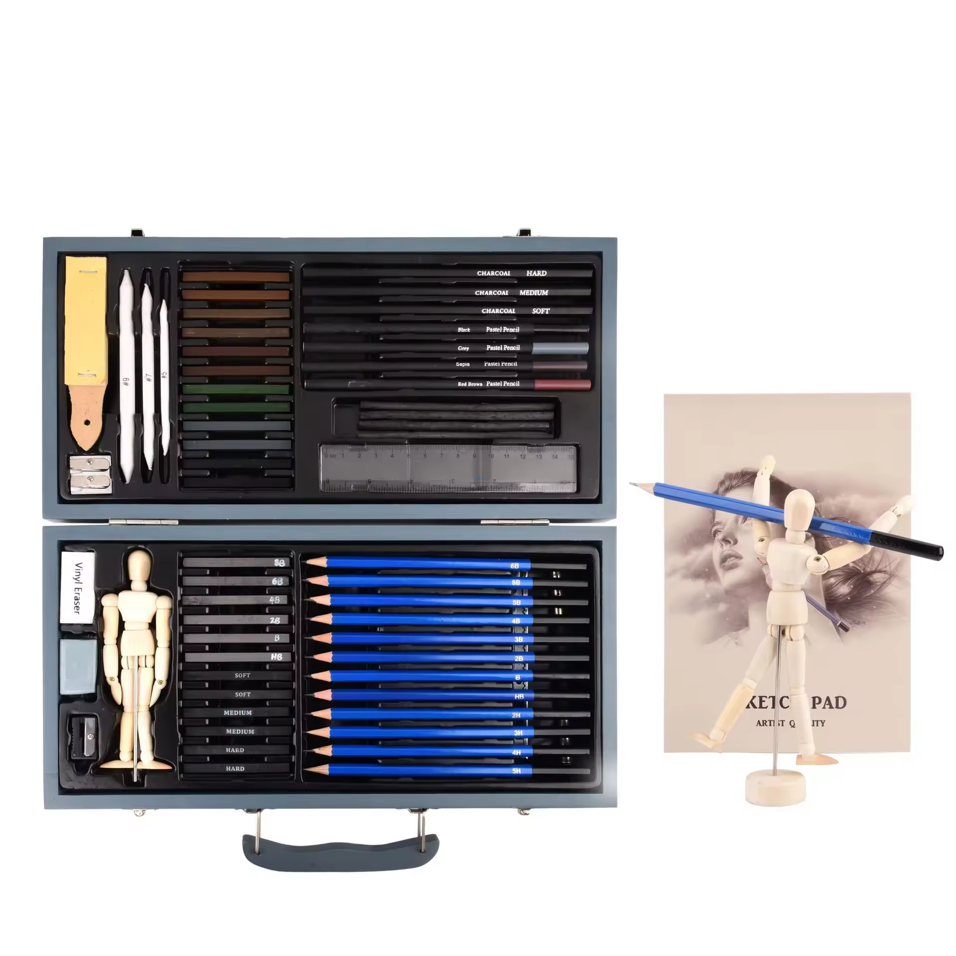 Opened sketch set showing numbered charcoal pencils, blending tools, and metal case  .png