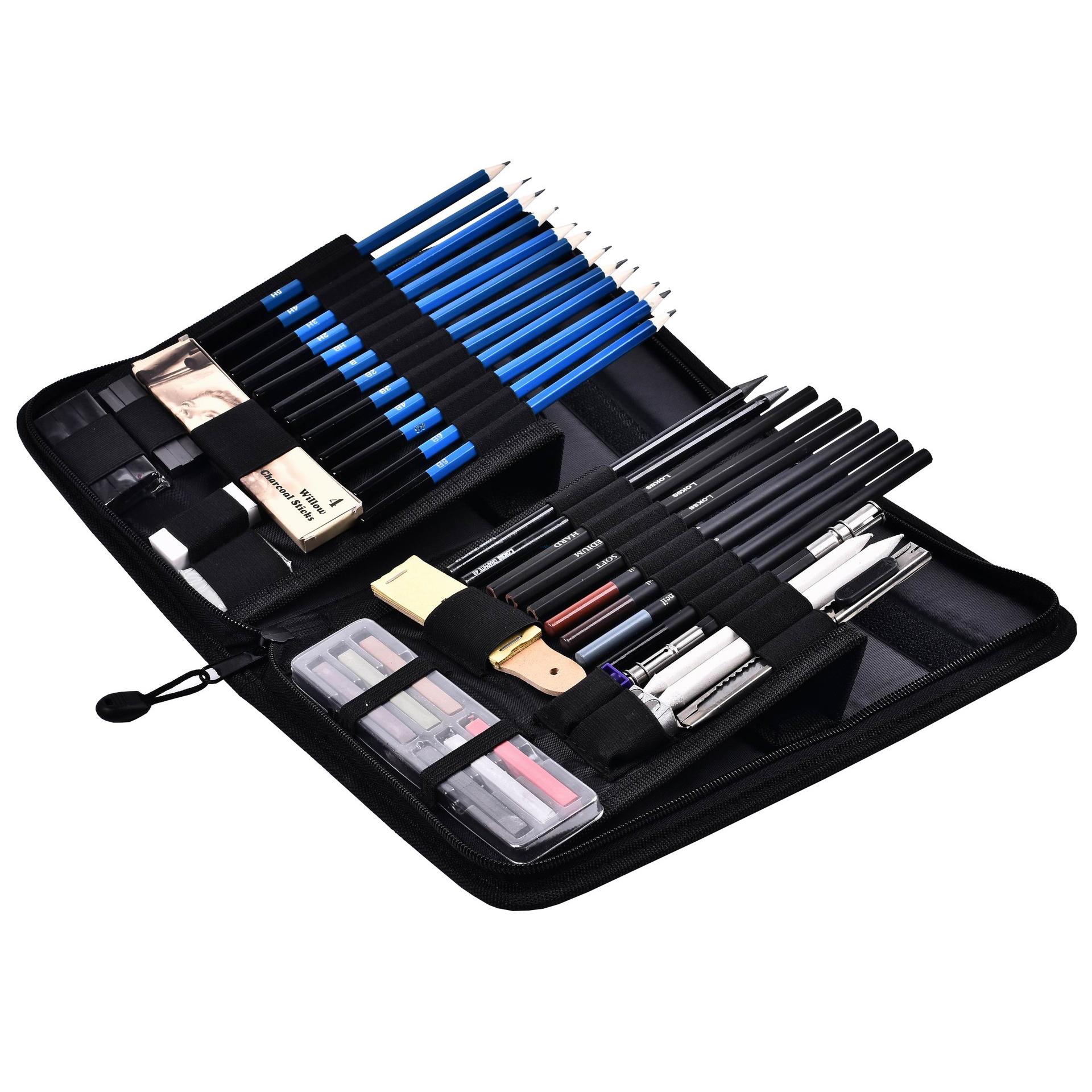 Open sketch kit showing organized graphite pencils, charcoal sticks and zippered case compartments  