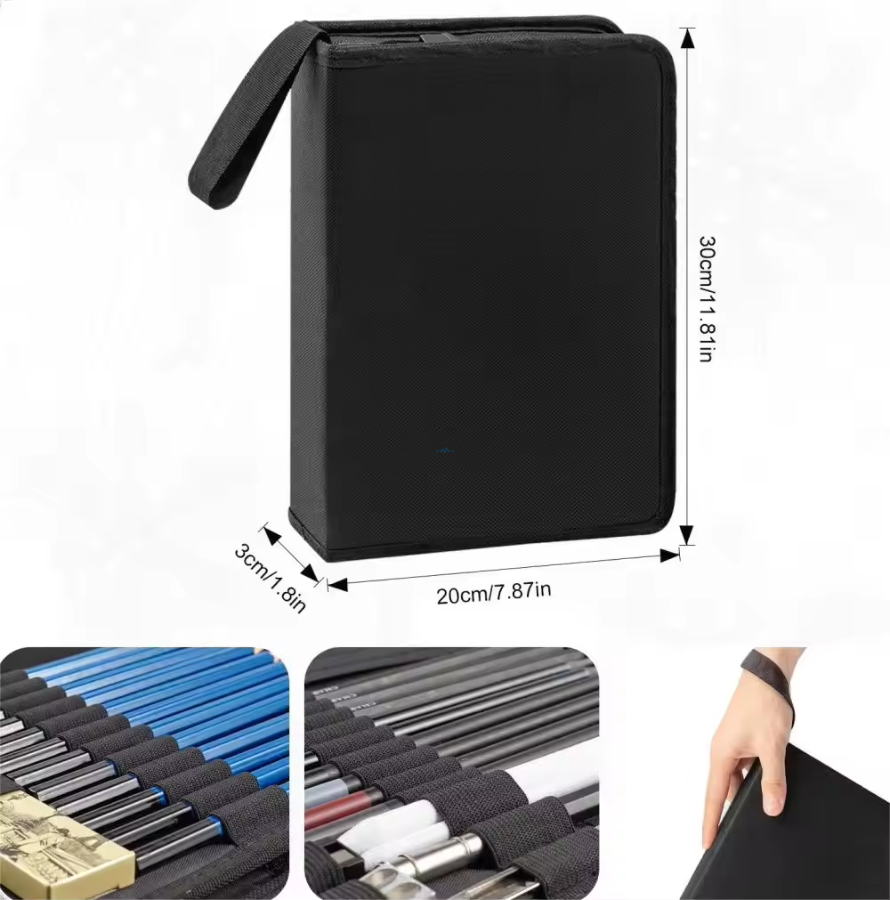 Open sketch kit showing organized graphite pencils, charcoal sticks and zippered case compartments  