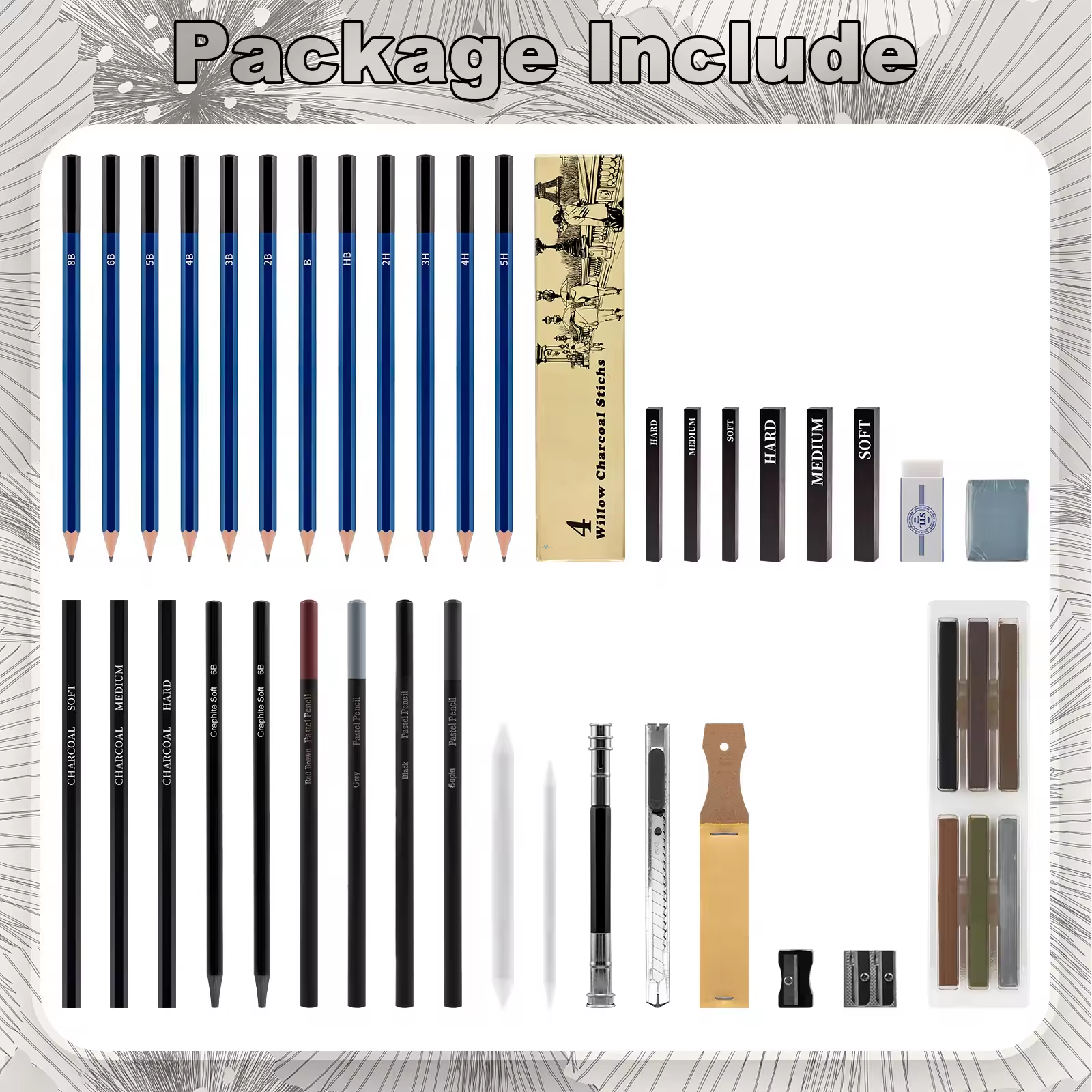Open sketch kit showing organized graphite pencils, charcoal sticks and zippered case compartments 