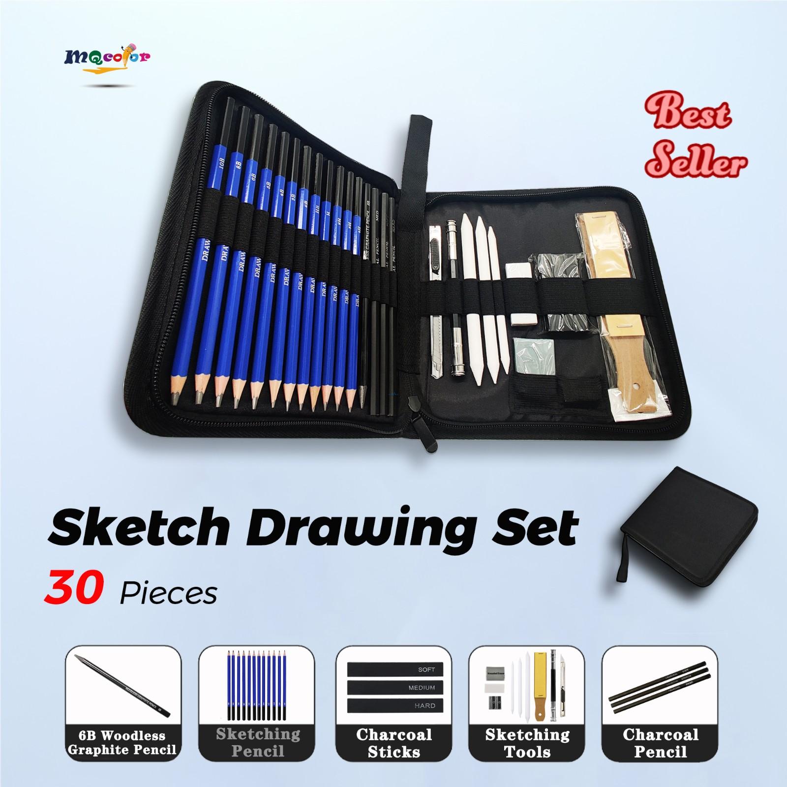 Professional 30pc sketching set with graphite pencils, charcoal sticks, and blending tools displayed on textured paper  