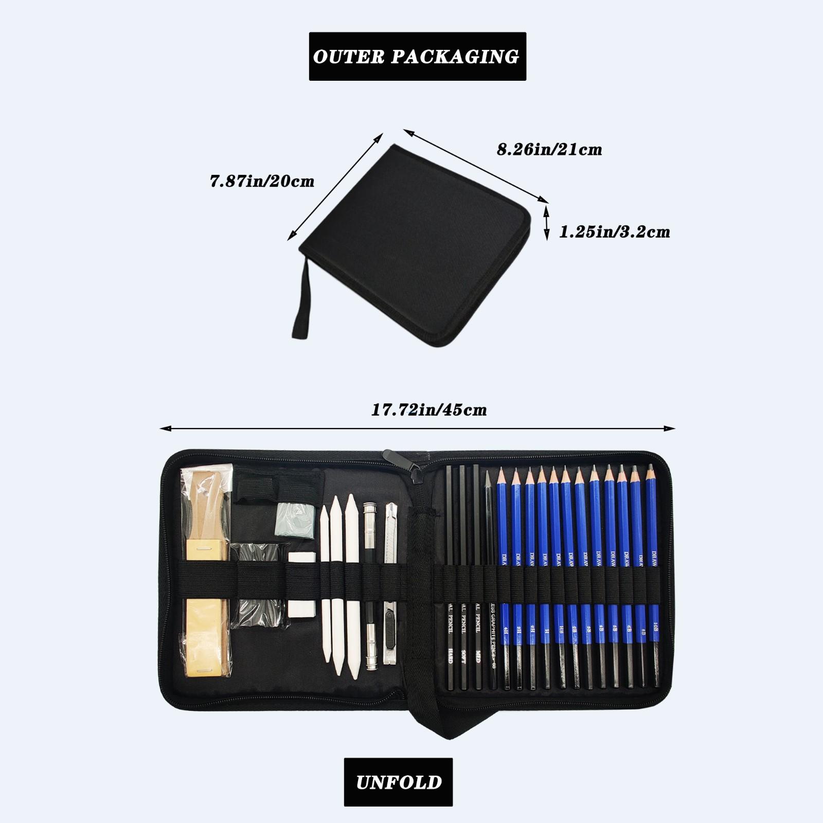 Professional 30pc sketching set with graphite pencils, charcoal sticks, and blending tools displayed on textured paper  