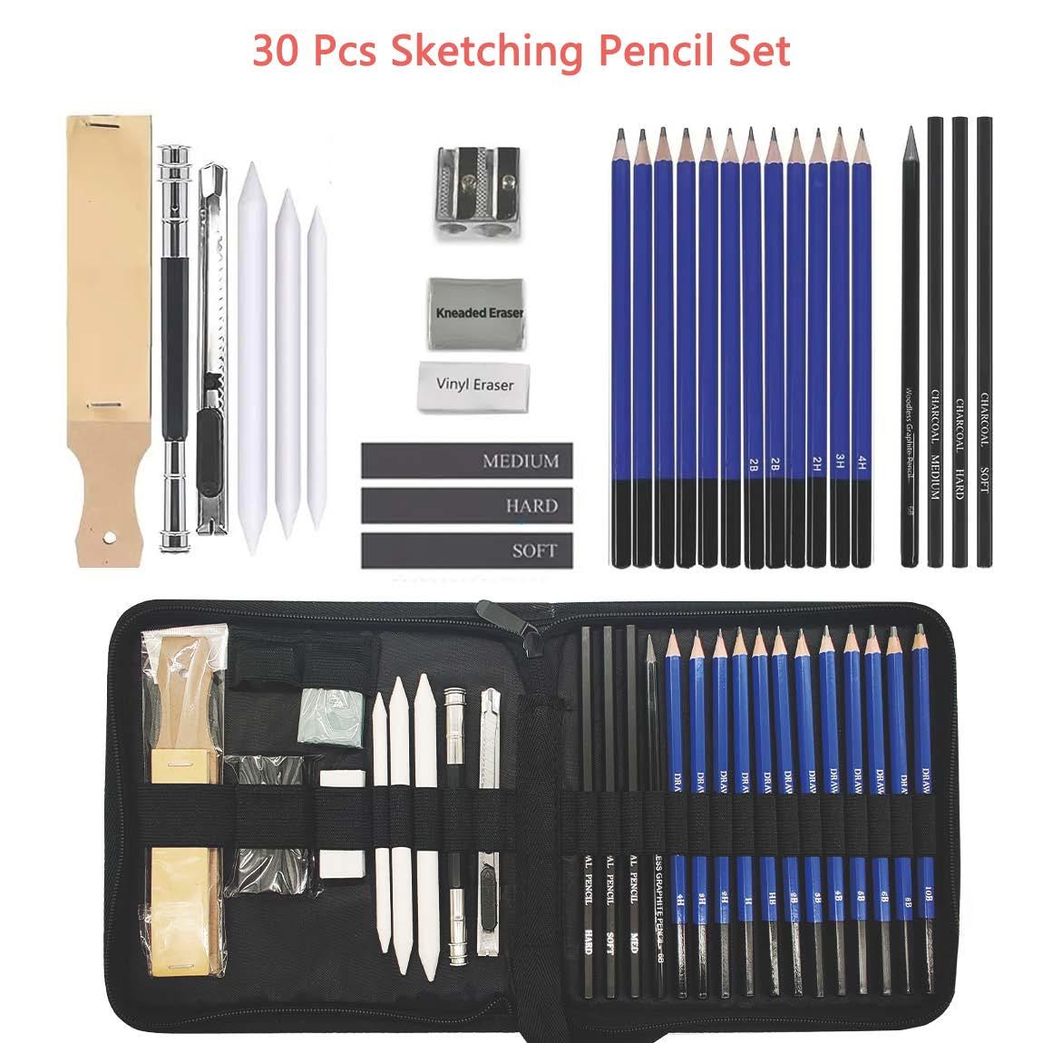 Professional 30pc sketching set with graphite pencils, charcoal sticks, and blending tools displayed on textured paper